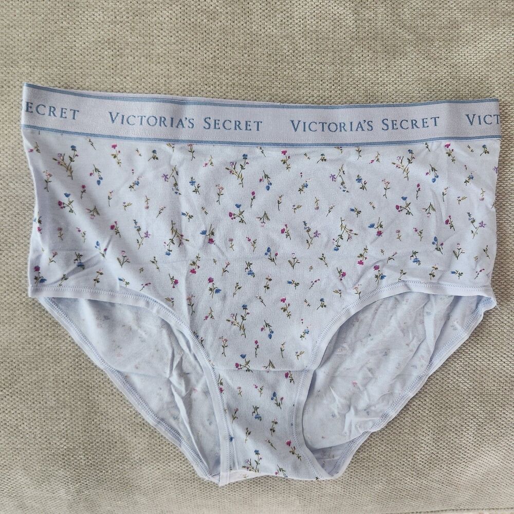 Victorias Secret Medium Blue Floral Cotton Logo Modern Brief Panty NWT